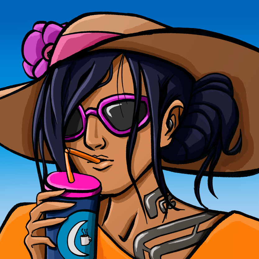 a portrait of Espy on the beach with the blue sky behind it. It has a large straw hat with a pink ribbon and pink flower on it, pink rimmed sunglasses reflecting the light. Its skin is dark and its nose straight. It has lucious black hair in a messy bun. It is pretending to drink out of the blue and pink cup with a bright orange straw it is holding, the cup has a moon and mug logo. It has visible silver augments across the bare left side of its neck and shoulder. The loose shirt it is wearing is bright orange.